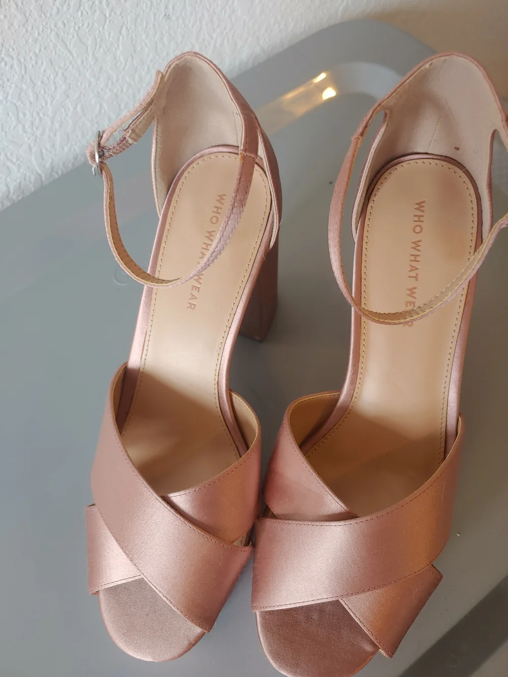 Platform Ankle-Strap Block Heels in Rose Gold